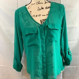 Annabella Sheer Button Front Long Sleeve V-neck